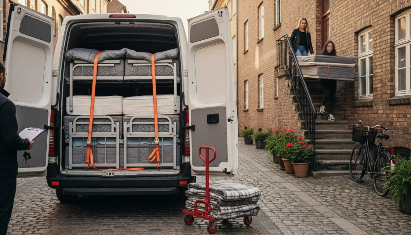 Stor varevogn lastes med to enkelsenge udenfor en københavnsk opgang, mens to kvinder bærer en madras ind.