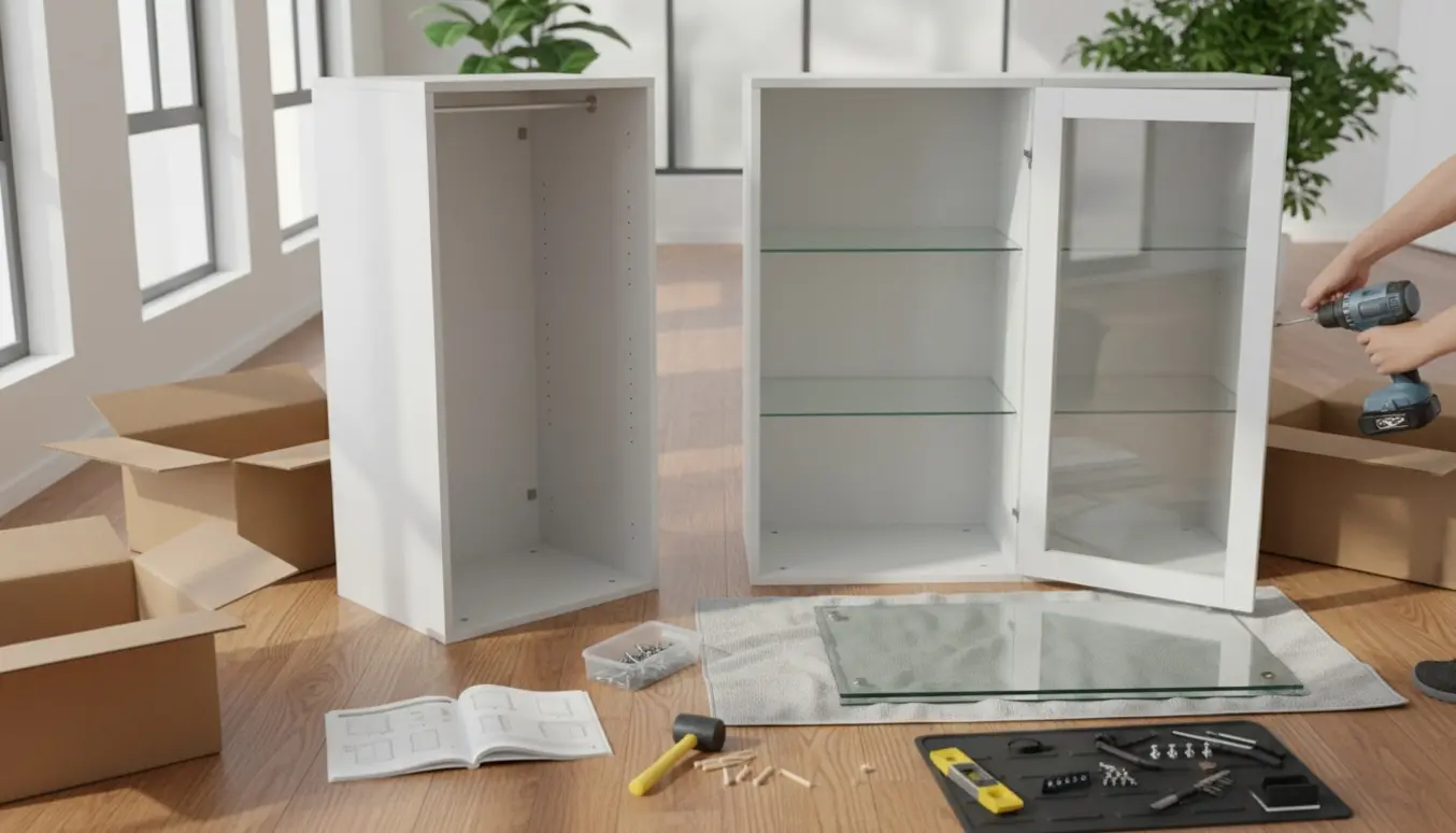 Hænder samler et nyt højskab og et vitrineskab fra Ikea med værktøj og fladpakkede dele i et lyst rum.