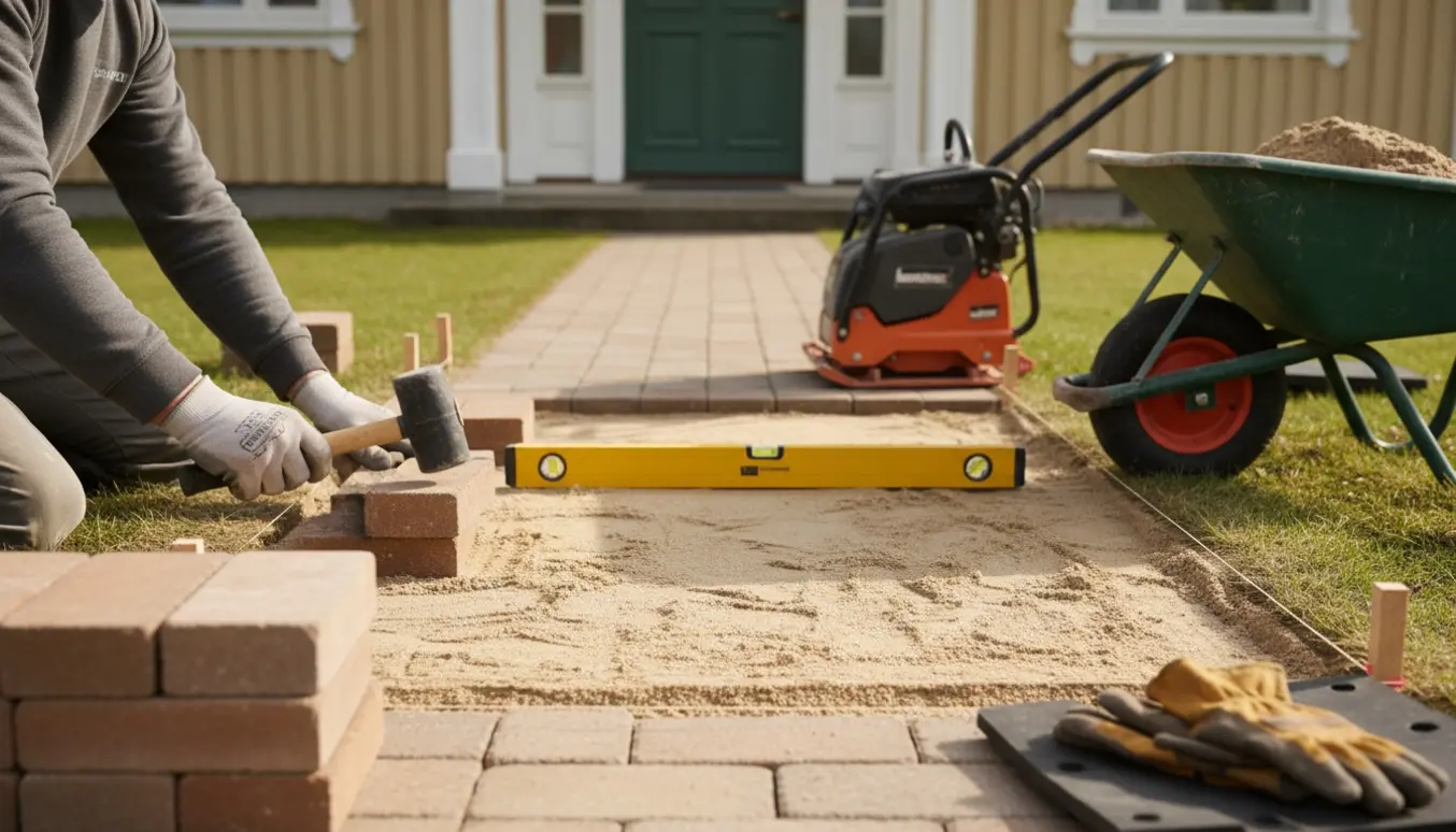 Nærbillede af lægning af herregårdsfliser foran et hus med sand, værktøj og stabler af sten.