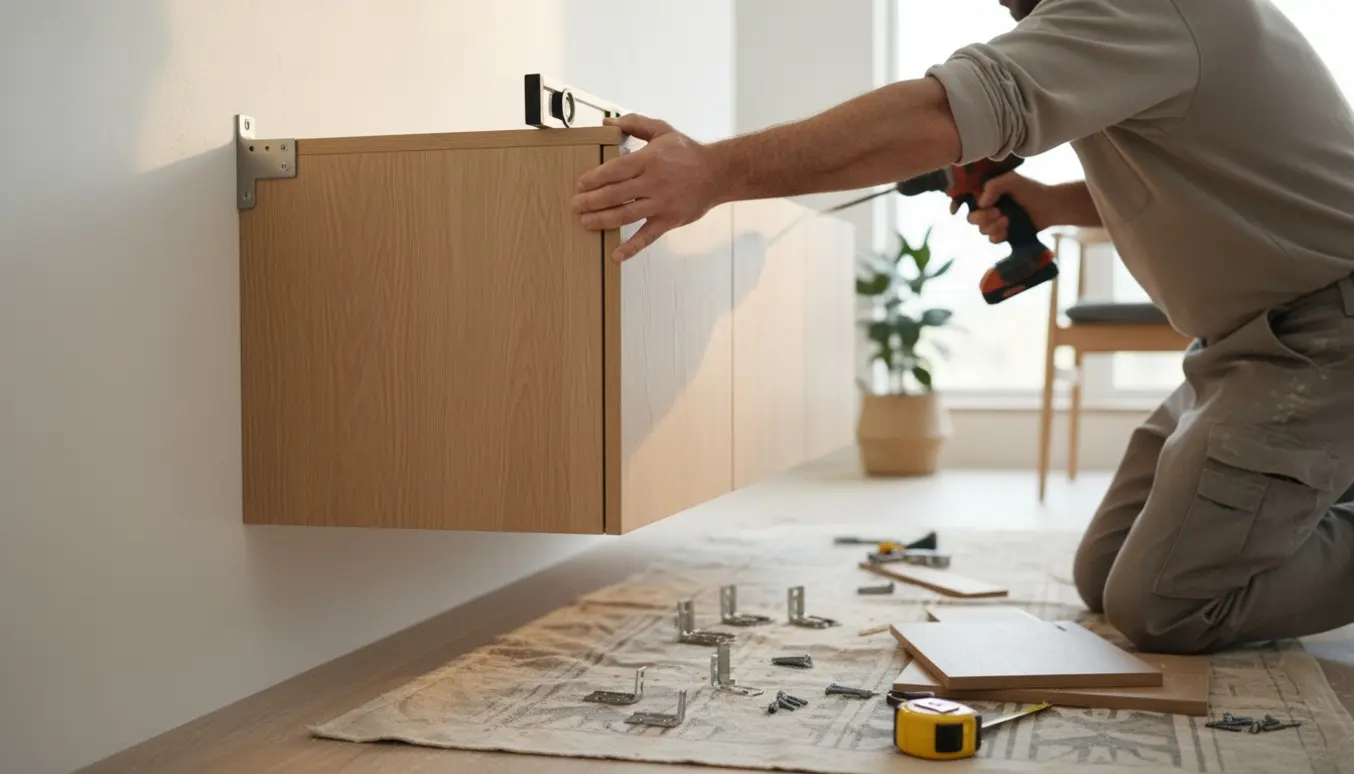 Hænder monterer et væghængt skab og bordplade i et lyst, nordisk rum med værktøj og beslag.