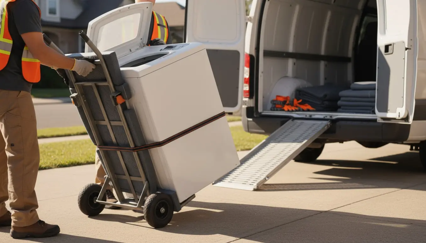 Topbetjent vaskemaskine løftes på en dolly og læsses ind i en varebil på en indkørsel.