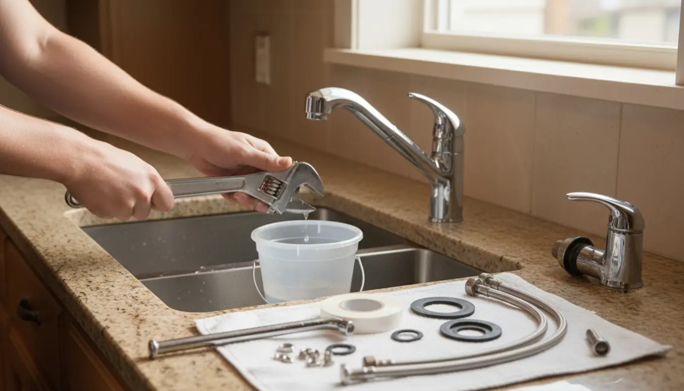 Nyt køkkenarmatur monteres ved en rustfri vask, hænder spænder fittings med en skruenøgle.