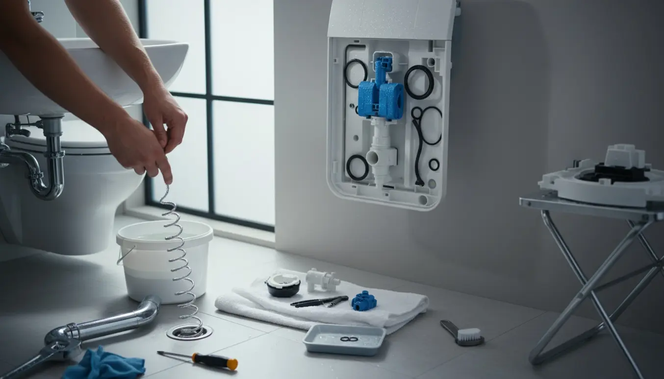 Hænder renser Geberit-cisterne og fjerner afløbsstop i vask med en rensefjeder.