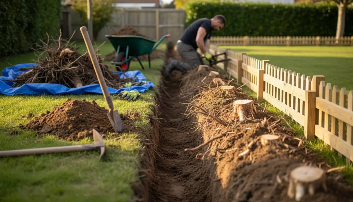 Lang grøft langs hæklinje med eksponerede rødder, redskaber og skovlet jord i en forhave.