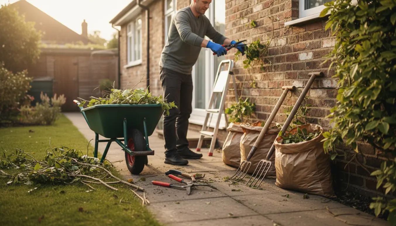 Gloveklædte hænder beskærer buske ved husmuren og samler haveaffald i trillebør.