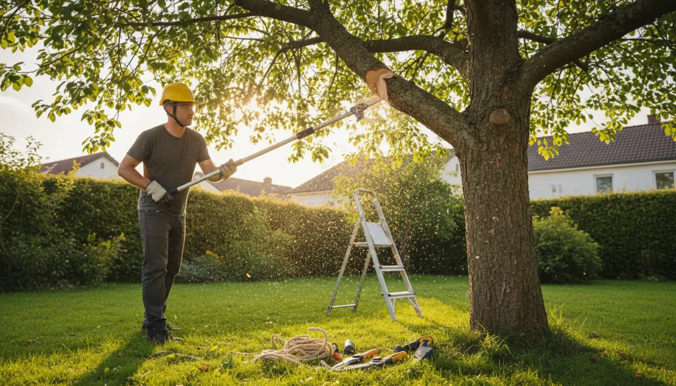 En person saver en høj gren med en lang grensav, kun hænder og ryg synlige.