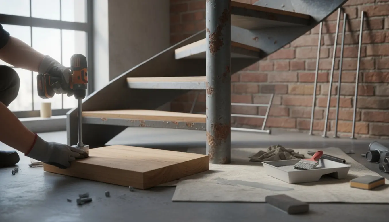Renovering af spindeltrappe med udskiftet nederste trin og nyt gelænder.