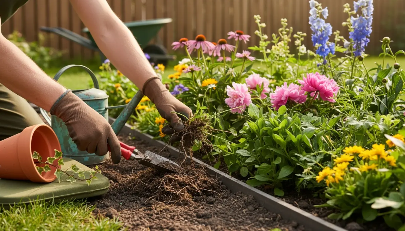 Nærbillede af en gartner, der fjerner ukrudt og trimmer et blomsterbed i blødt morgenlys.