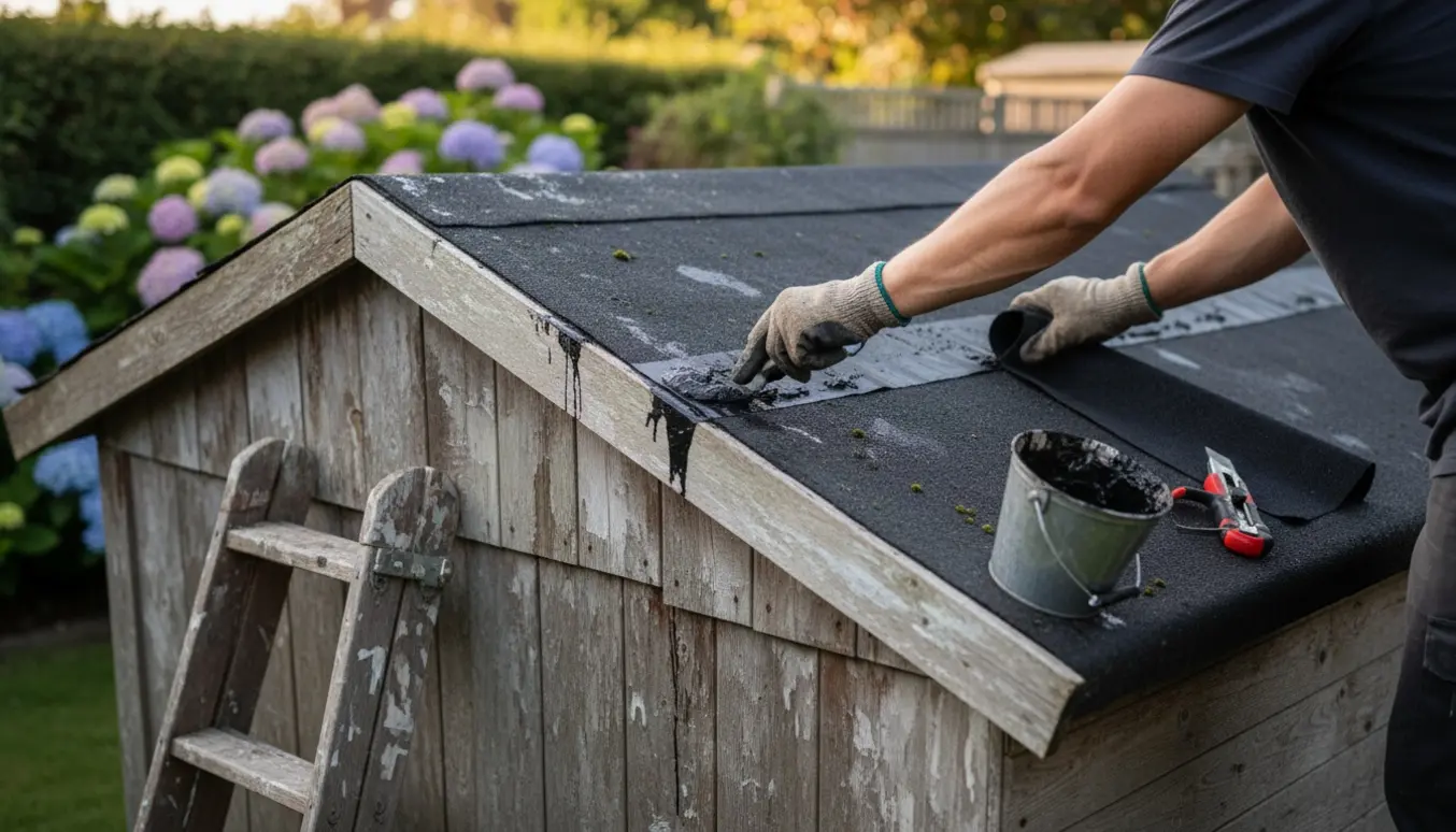 Hænder tætner et utæt tagpapstag på et gammelt udhus med taglim og værktøj.