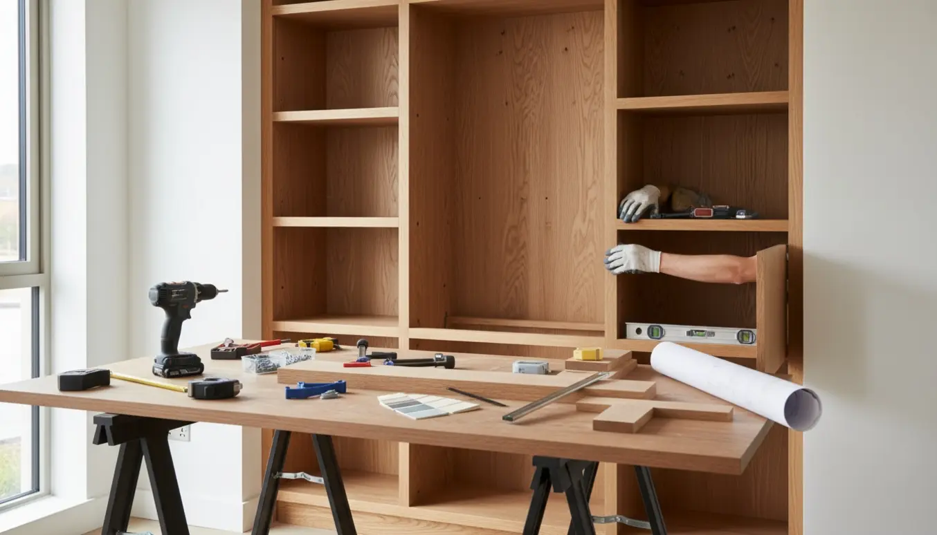 Indbygget reol med skab under under opbygning i en stue med værktøj og hænder, der justerer en skabslåge.