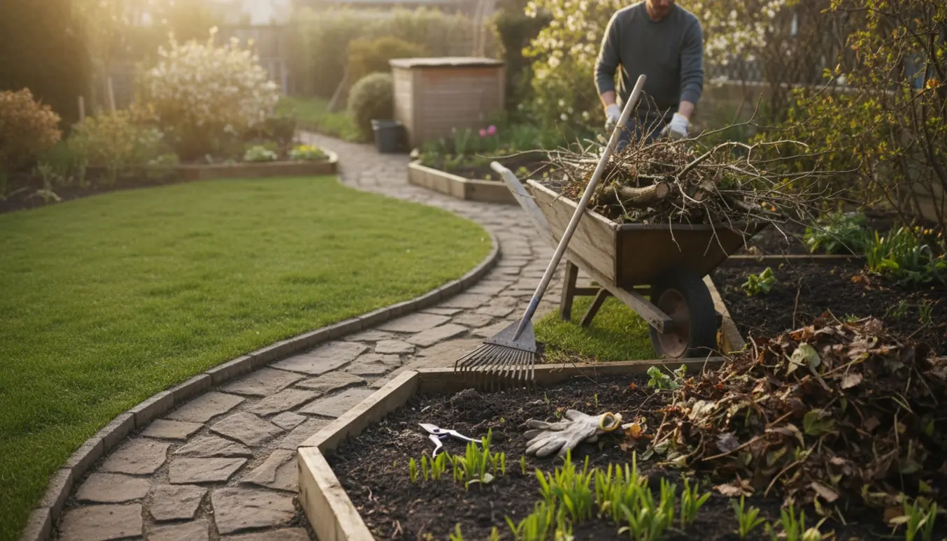 Forårsrengøring af en lille grund med rive, trillebør og beskårne grene i blødt morgenlys.