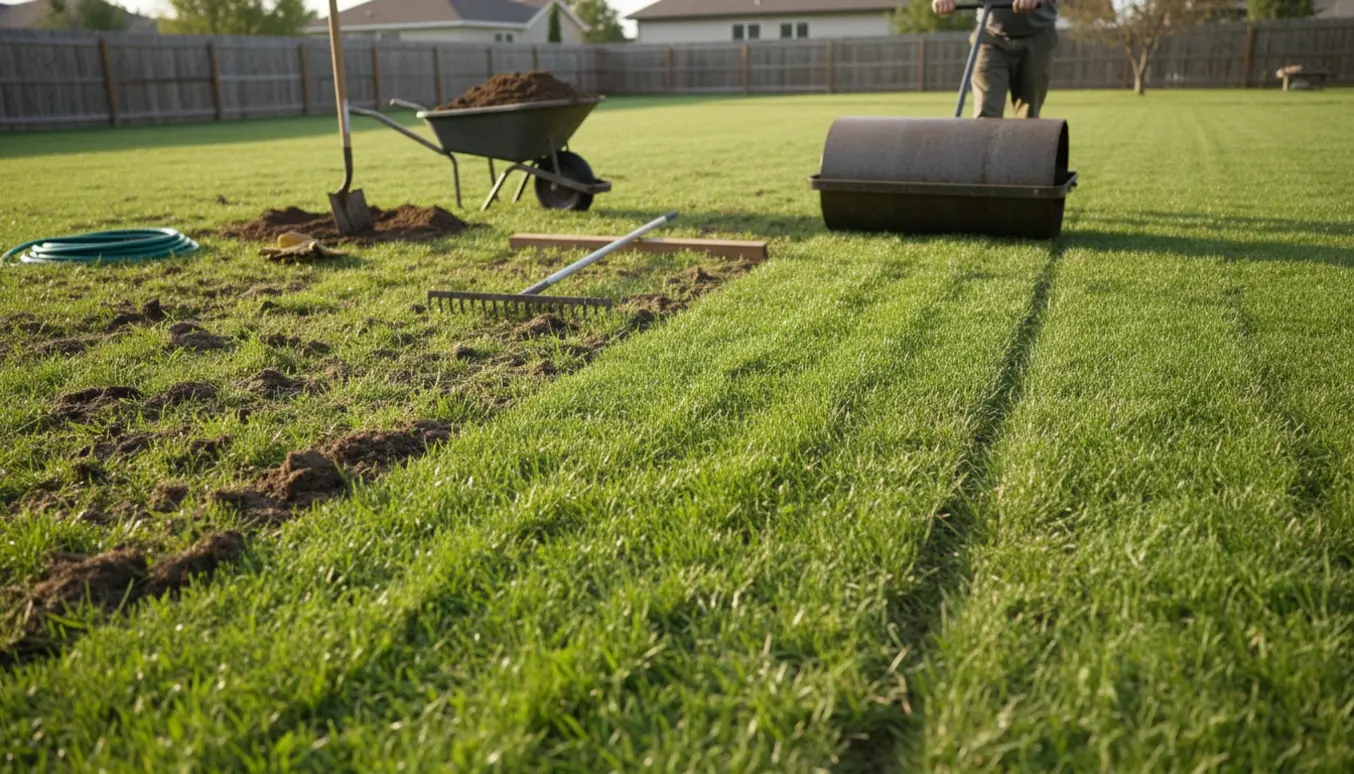 En person tromler og jævner en græsplæne præget af mulvarpeskud med rive og topjord i baggrunden.