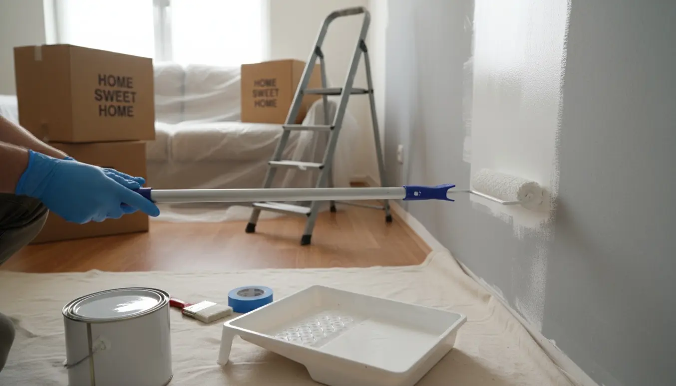 Maleruller dækker et gråt felt med hvid maling i et hus klar til indflytning.