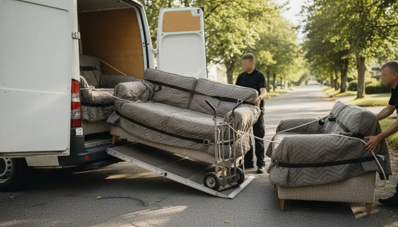 To sofaer og en lænestol pakket i flyttetæpper læsses ind i en hvid flyttevogn på en stille forstadsgade.
