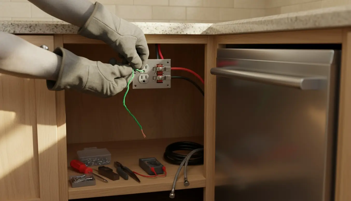 Nærbillede af hænder, der monterer en jordforbundet stikkontakt i et køkkenskab til opvaskemaskinen.