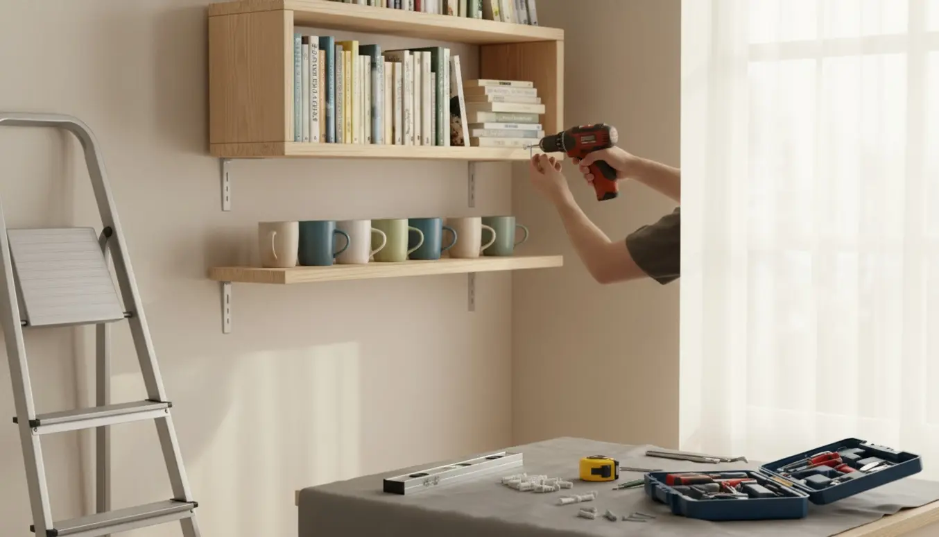 Nyopsatte boghylder og en koppehylde med stige, boremaskine og rawlplugs i et lyst stuehjørne.