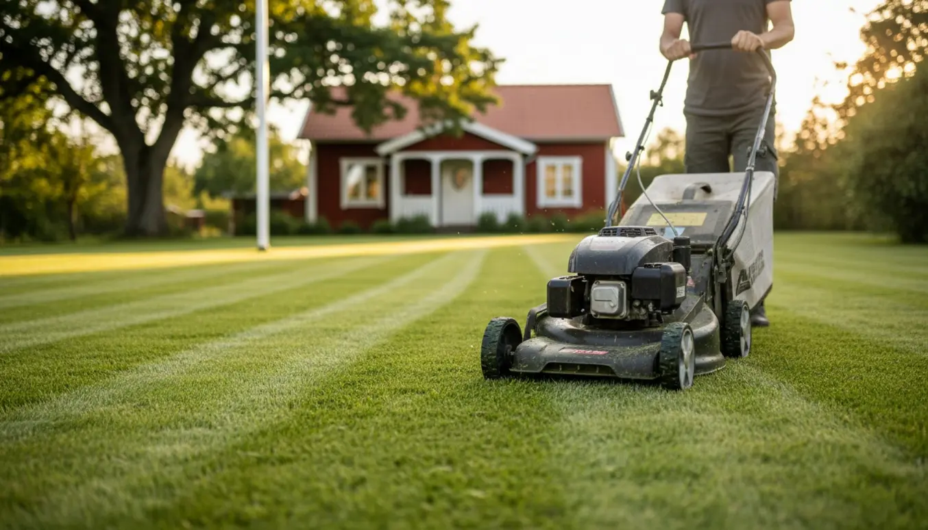 En person slår græsset på en velordnet sommerhusgrund med plænestriber, et træ og en flagstang i baggrunden.