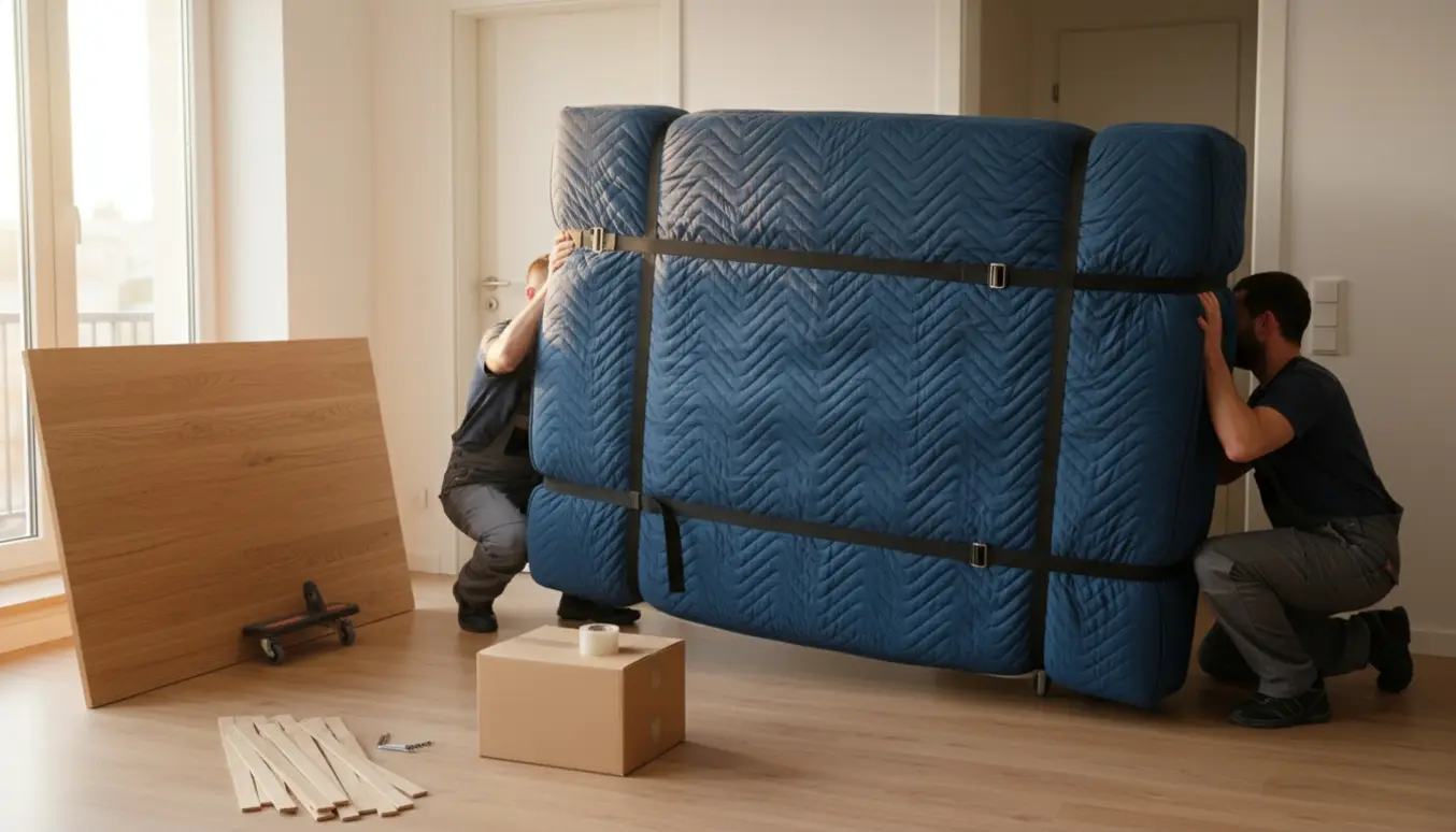 To personer manøvrerer en 160x200 seng med sengegavl gennem en smal lejlighedsdør.