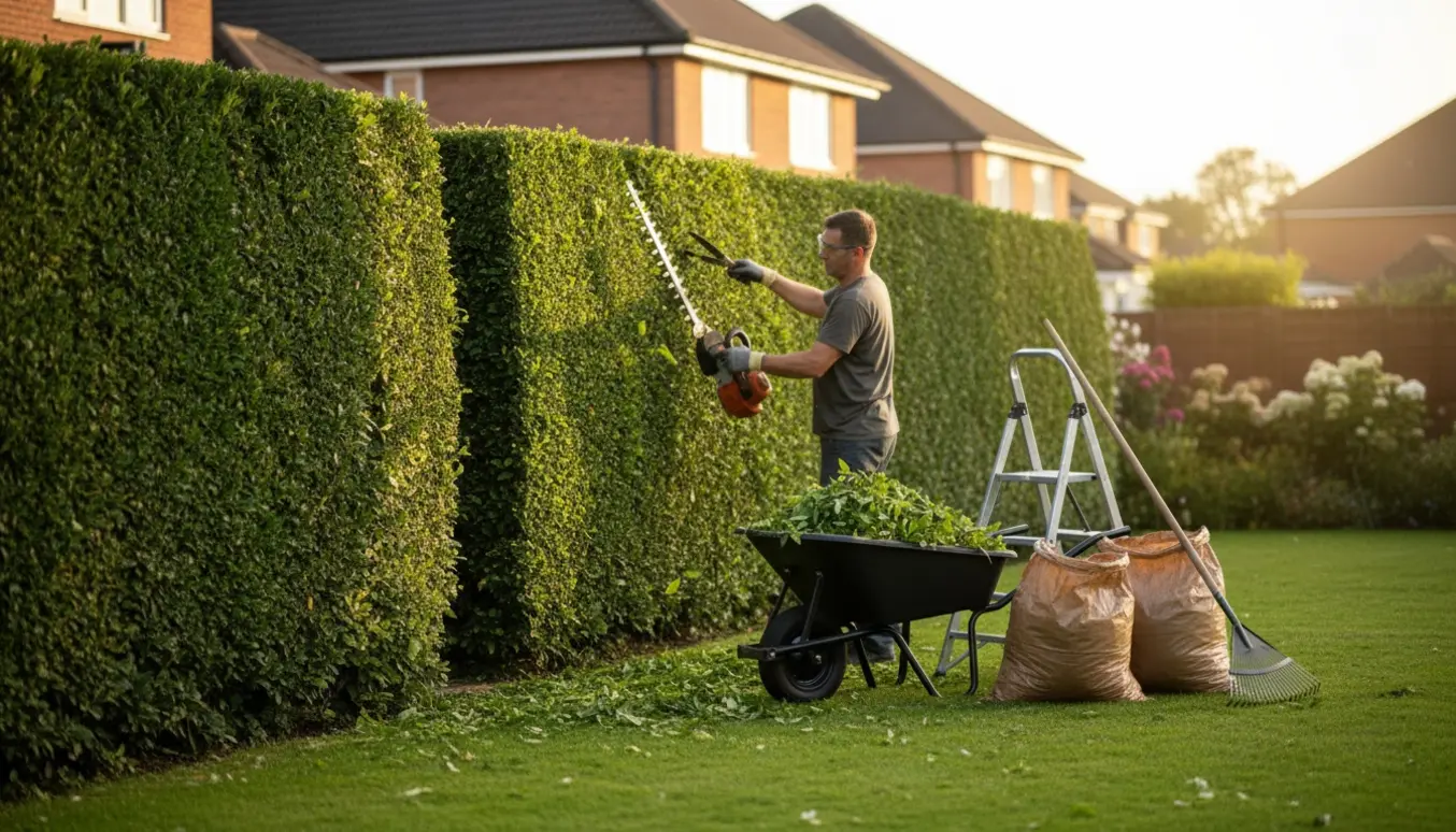 En havemand klipper en grøn hæk med en hækkeklipper, mens afklip samles i en trillebør.