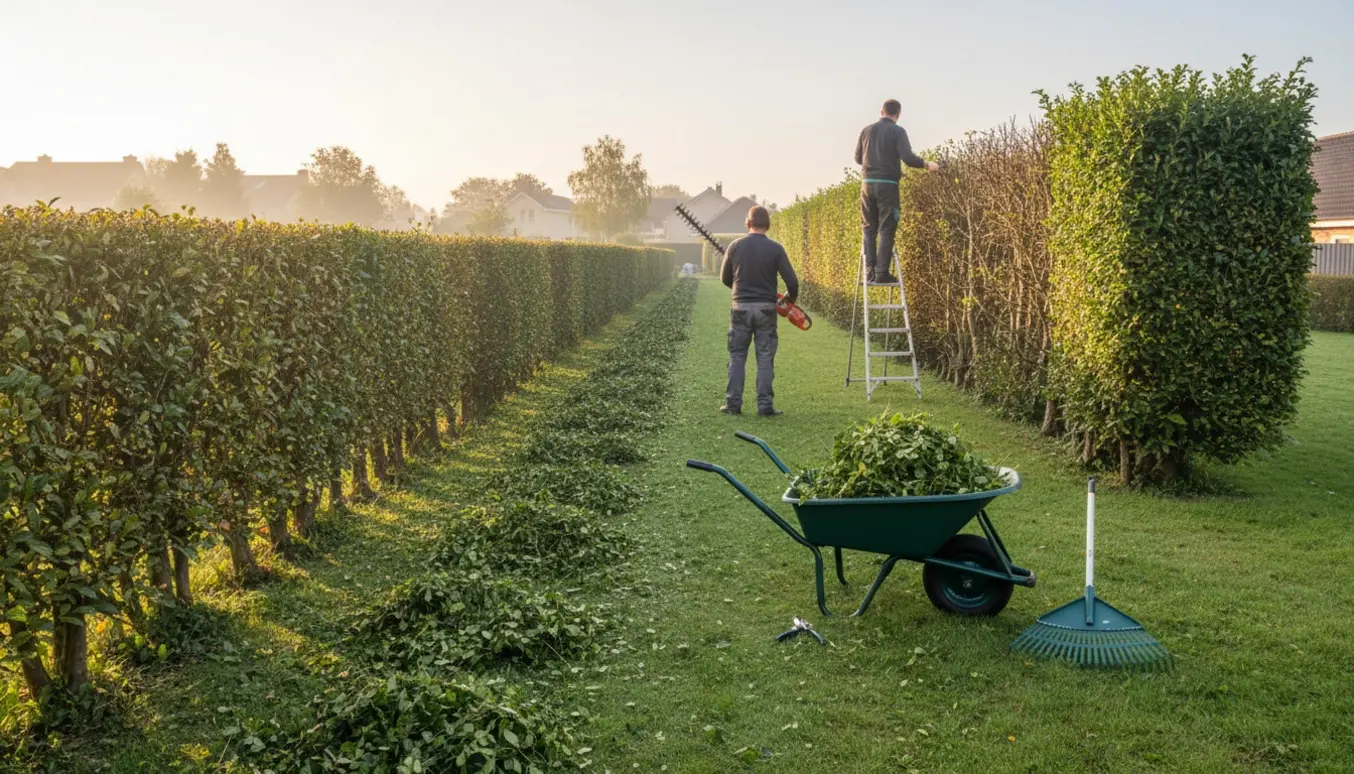 Lang ligusterhæk, en havearbejder klipper toppen med motorhækkeklipper og friske afklip i en trillebør.