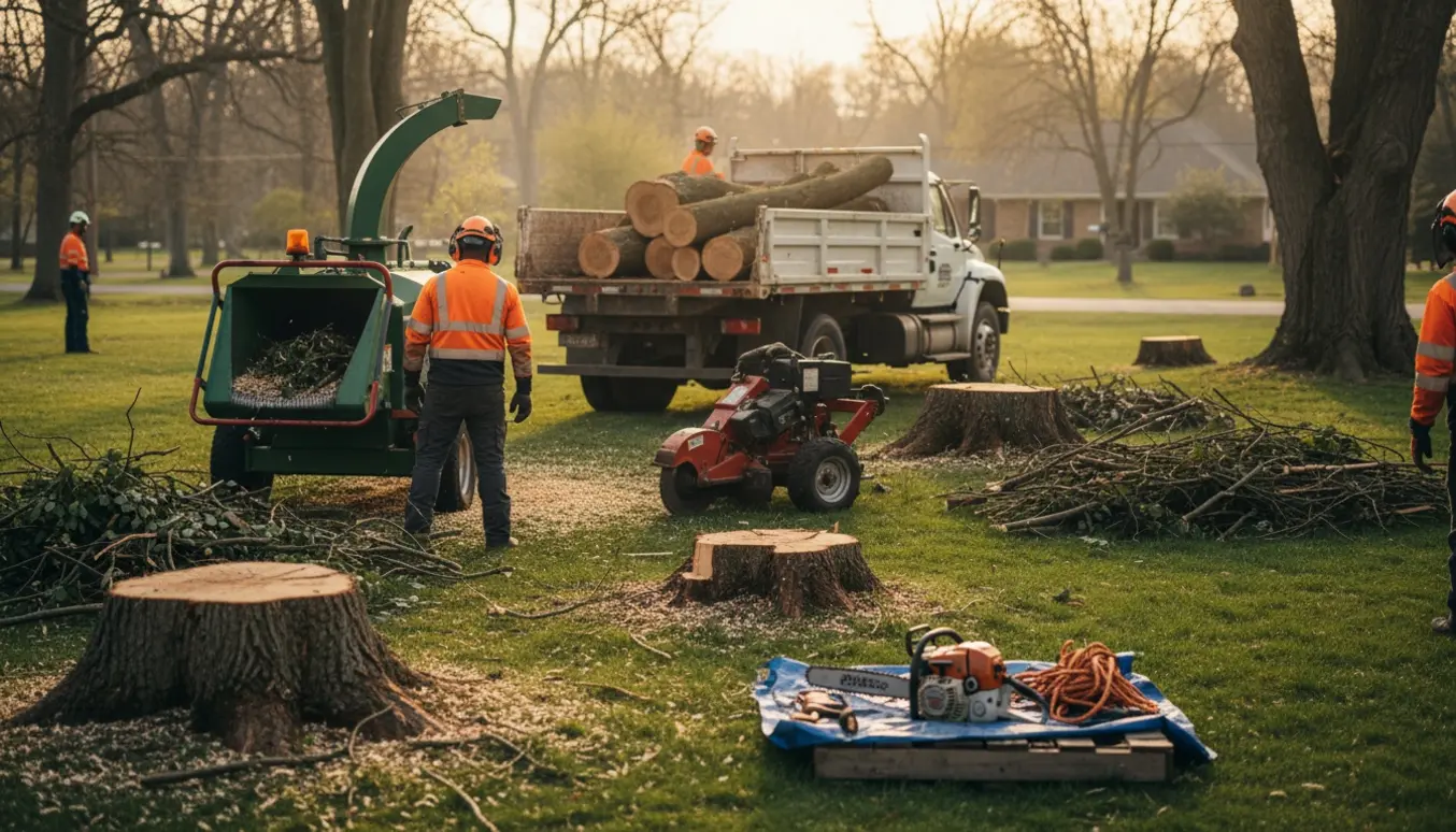 Professionel fjernelse af træer med flismaskine, lastbil, stabler af træstammer og savsmuld i morgensol.