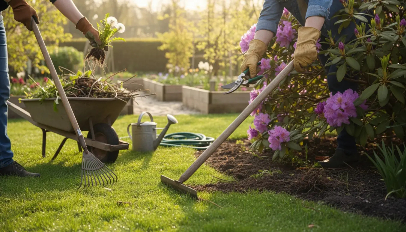 Hænder med haveredskaber beskærer buske, luger ukrudt og kantskærer græsplænen på en solrig forårsdag.