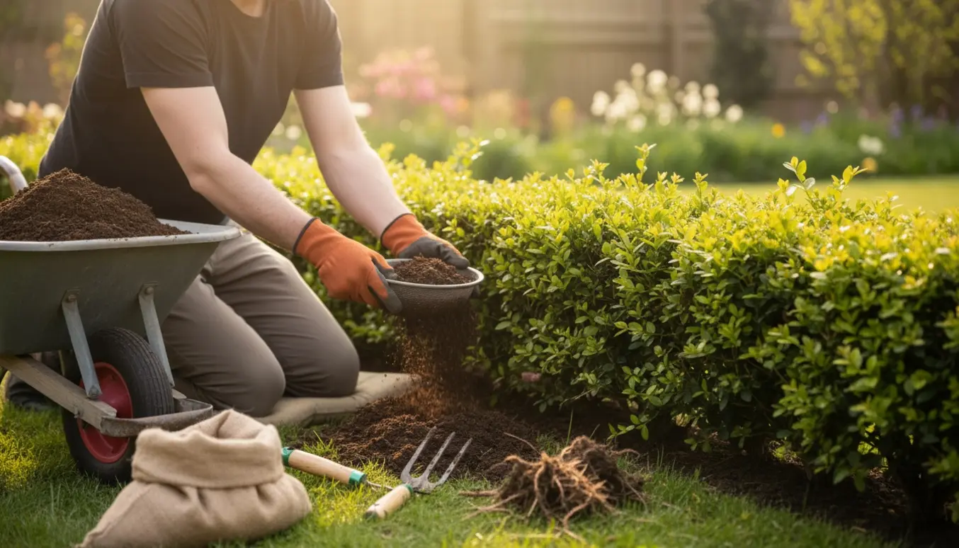 Nærbillede af hækkearbejde med hænder, der luger ukrudt og fylder jordforbedring langs en ung hæk.