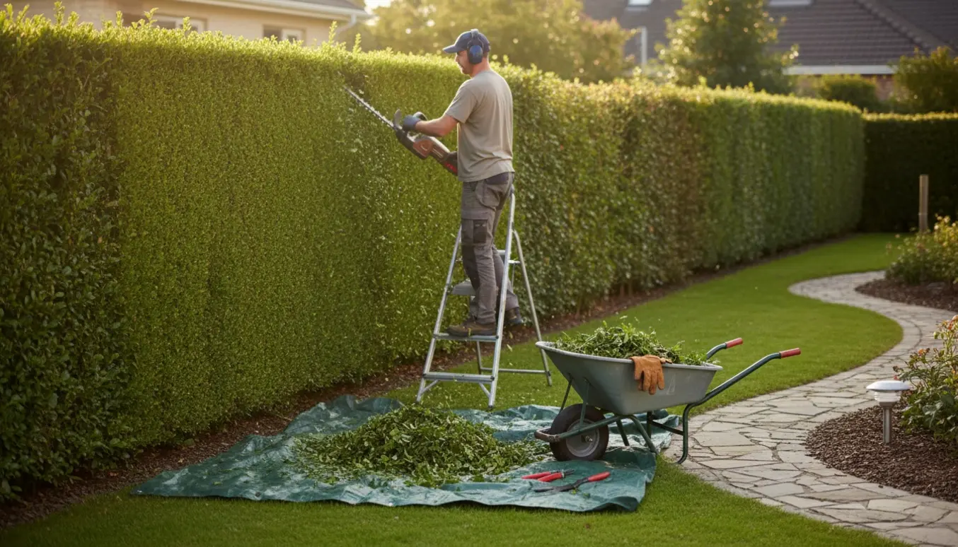 En person trimmer en lang hæk i en villahave, med afklip samlet på en trillebør og et tydeligt klippet lyn.
