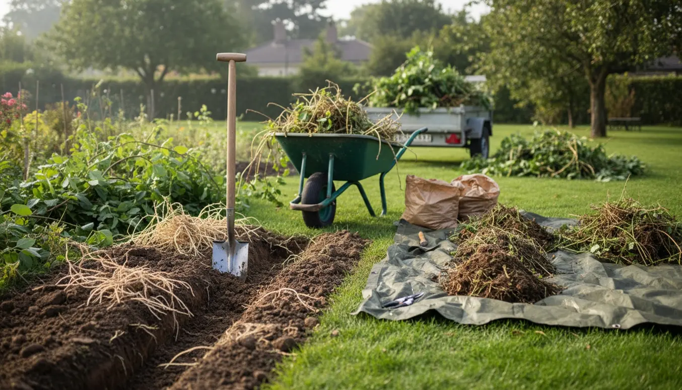 Overgroet bed under oprydning med en 15 cm gravet rende og trillebør fyldt med grønt affald.