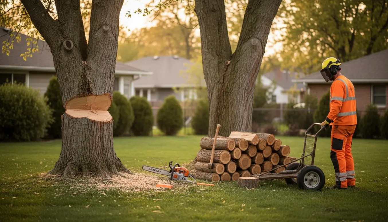 Professionel fælder to træer i en baghave, med et træ skåret ved roden og stablet brænde klar.