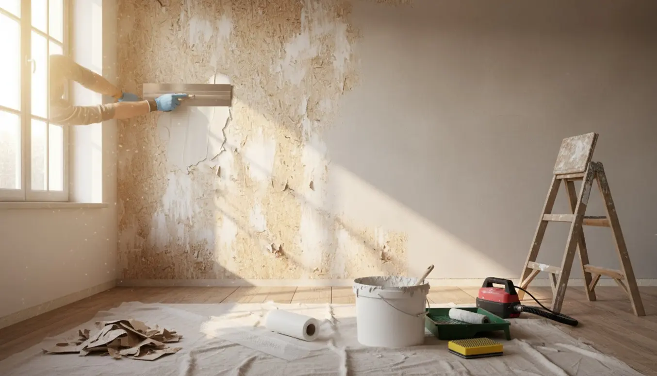 Indendørs væg under renovering med savsmuldstapet delvist fjernet, spartlede flader og maleredskaber klar.