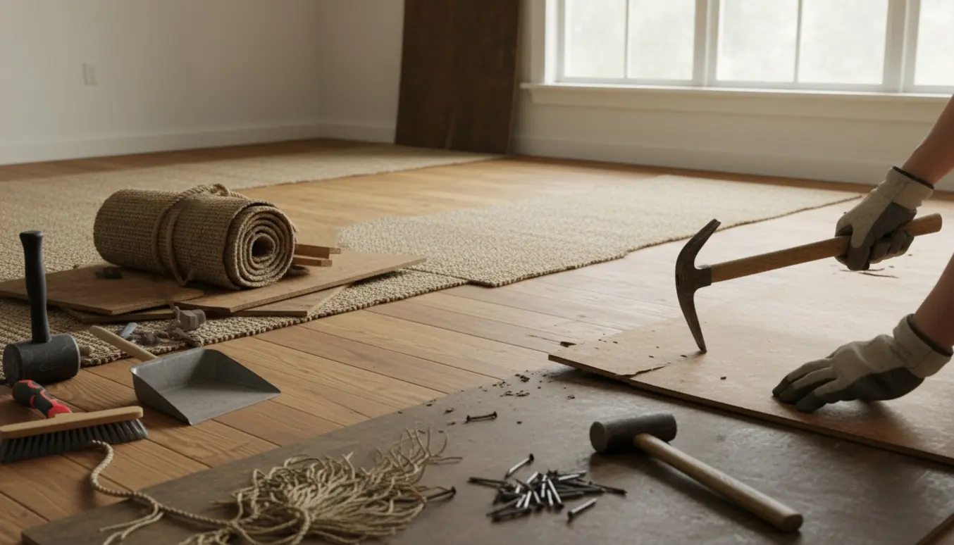 Fjernelse af sisaltæppe og gammel masonit fra et gulv med værktøj og glovede hænder klar til slibning.