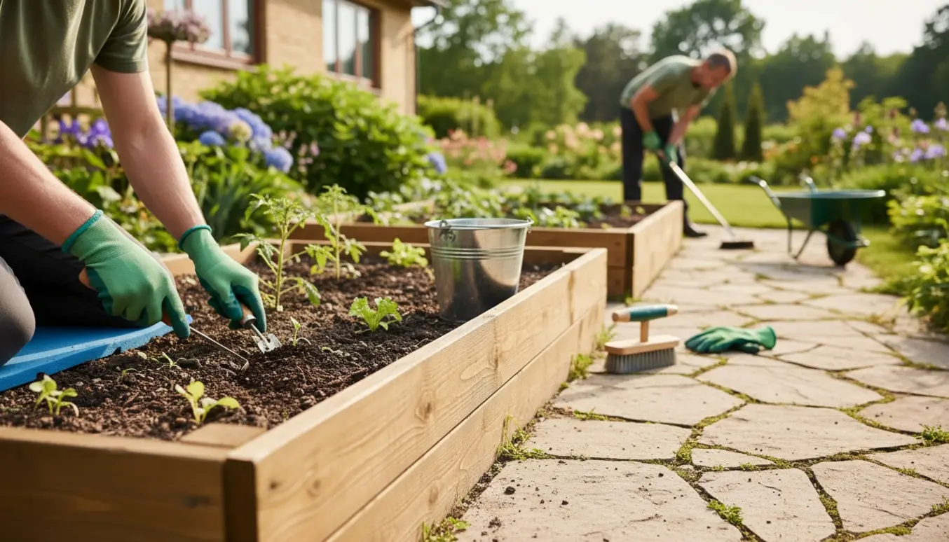Hænder luger ukrudt i et højbed og fjerner ukrudt mellem fliser i en solrig have.