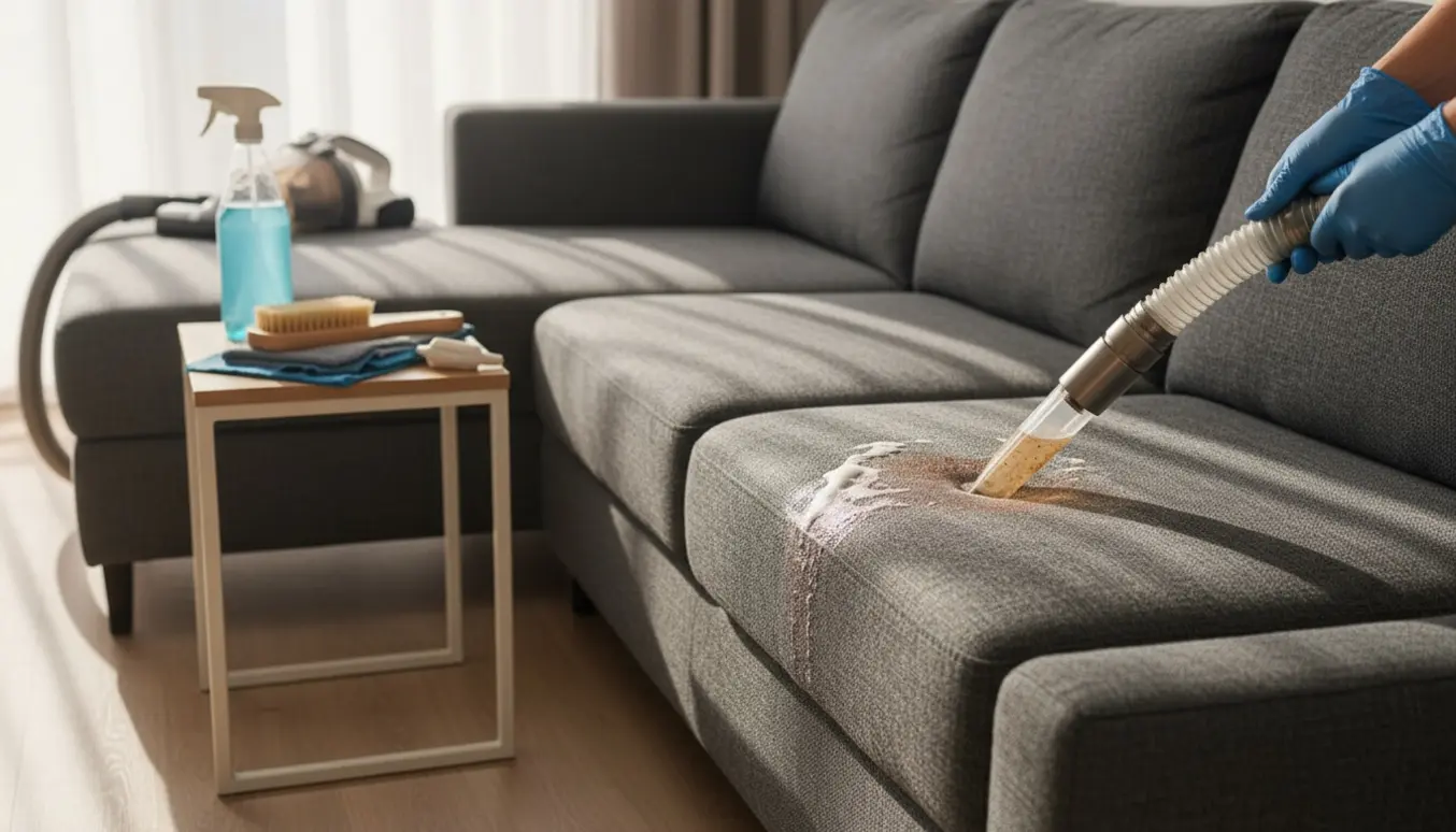 Dybderensning af en hjørnesofa med ekstraktor, hvor snavset vand trækkes ud, i et lyst stueinteriør.