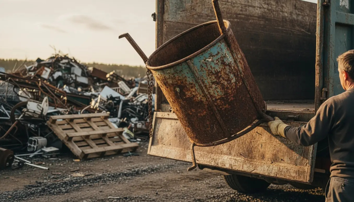Et gammelt rustent metal skraldestativ læsses af ved en losseplads i aftenslys.