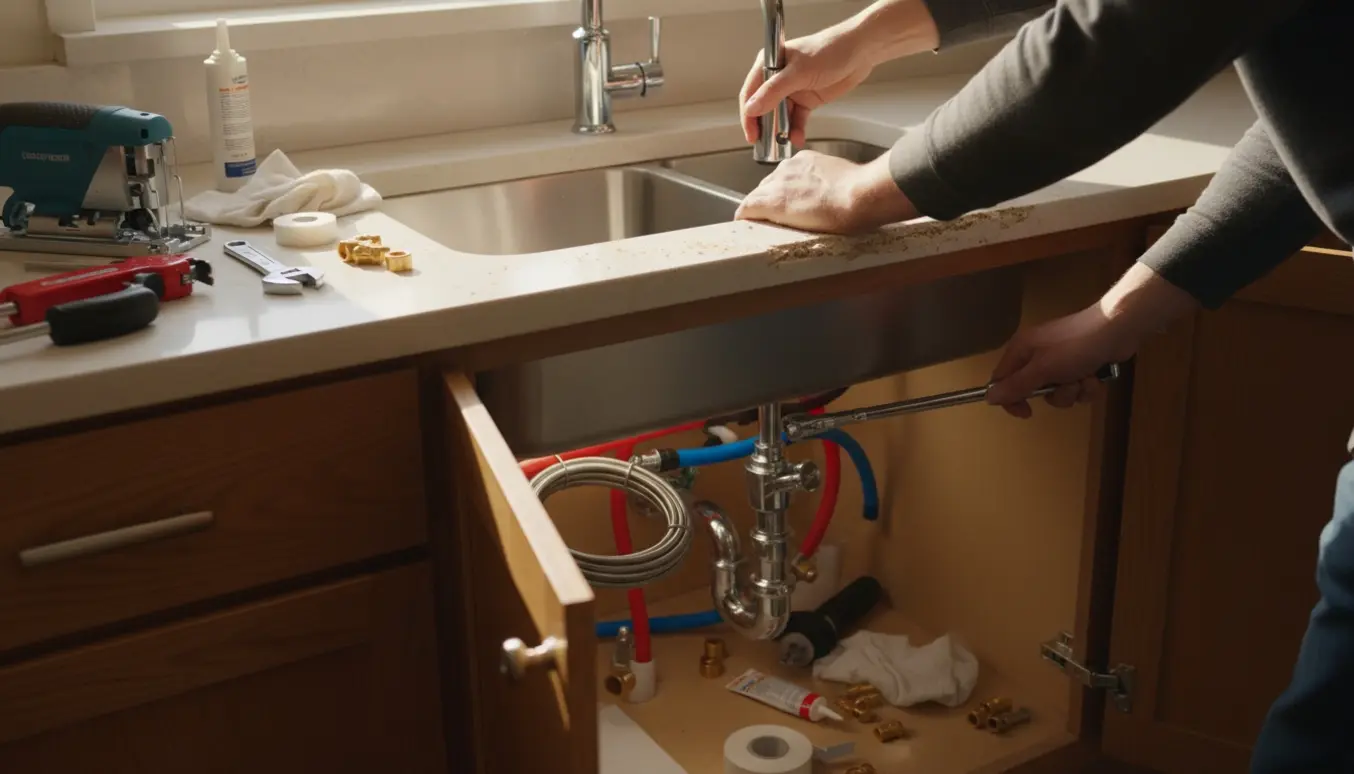 Ny køkkenhåndvask og armatur installeres med åbent underskab og nye rør synlige.