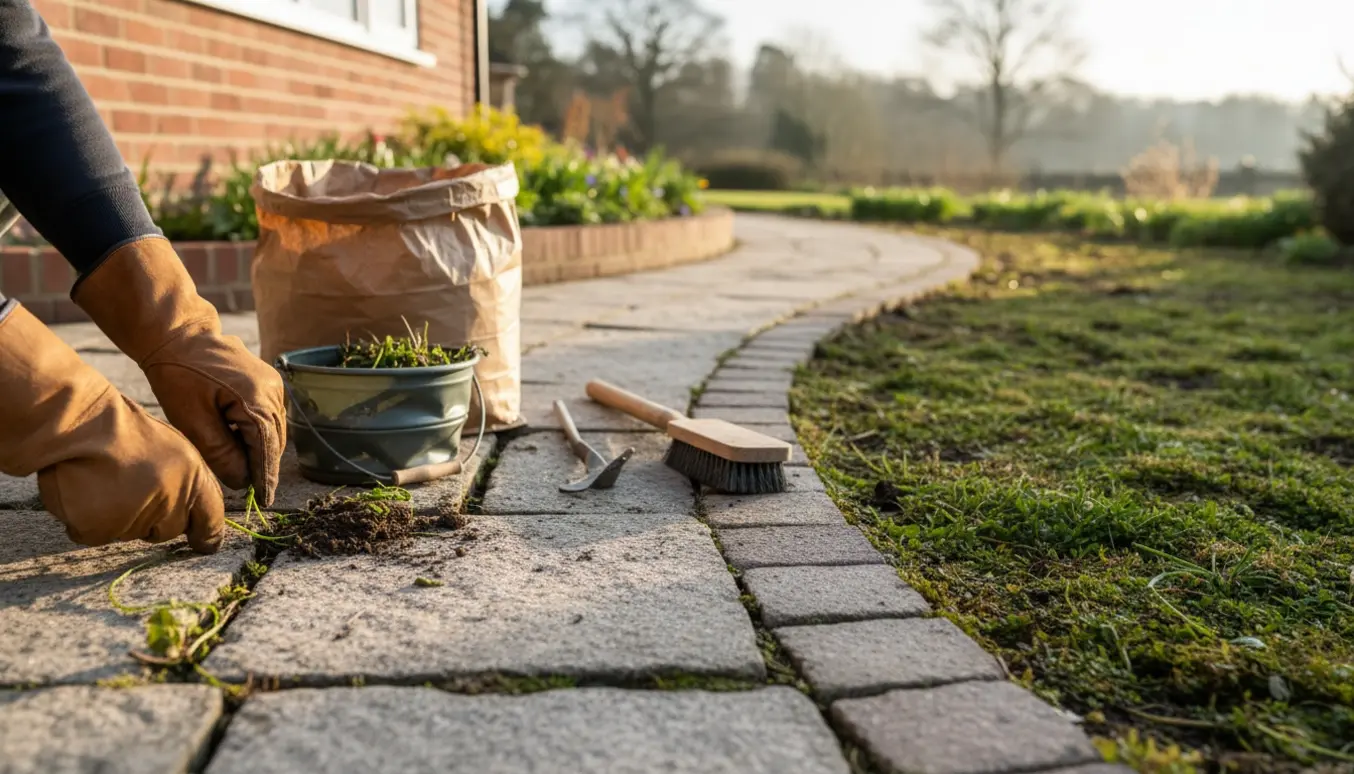 Nærbillede af handsker, der fjerner ukrudt mellem fliserne rundt om huset med værktøj og en lille bunke affald.