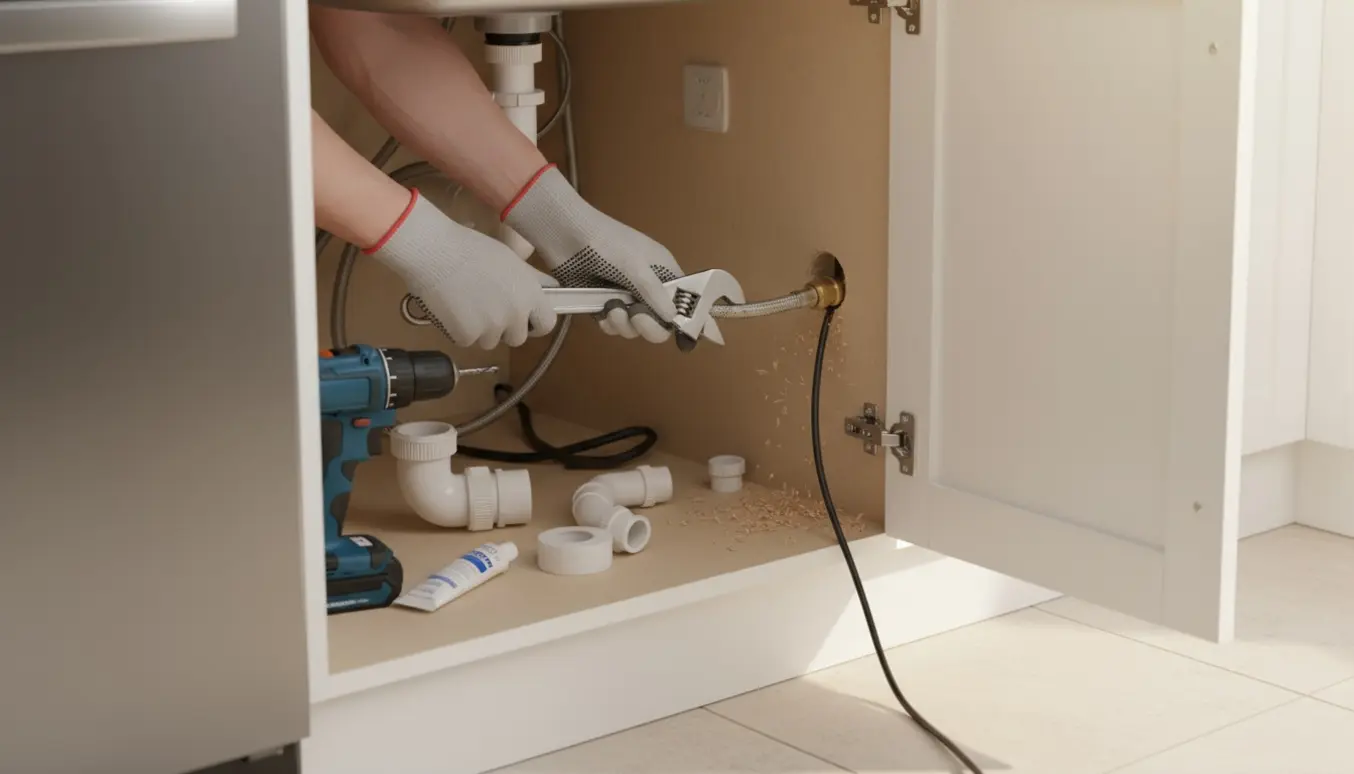 Åbent underskab hvor hands-on installation af rør og kabel til opvaskemaskine er i gang.