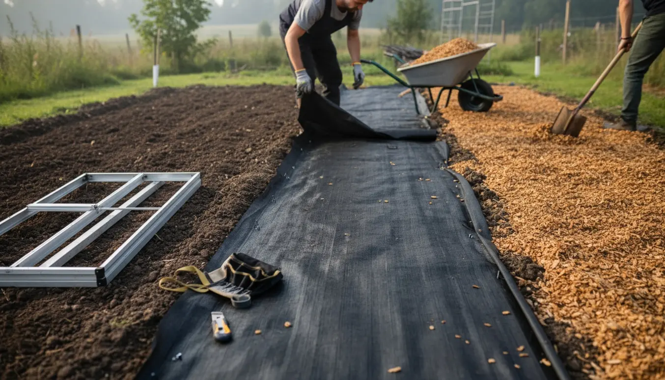 Et stort bed hvor ukrudt er fjernet, ukrudtsdug rulles ud og træflis fordeles med trillebør og rive.