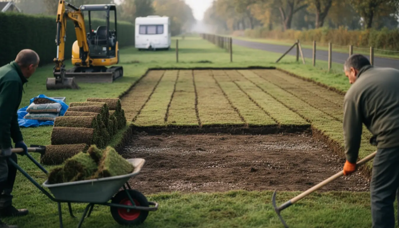 Næsten fladt areal med fjernet græs og øverste jordlag, værktøj og trillebør klar til etablering af holdeplads til campingvogn.