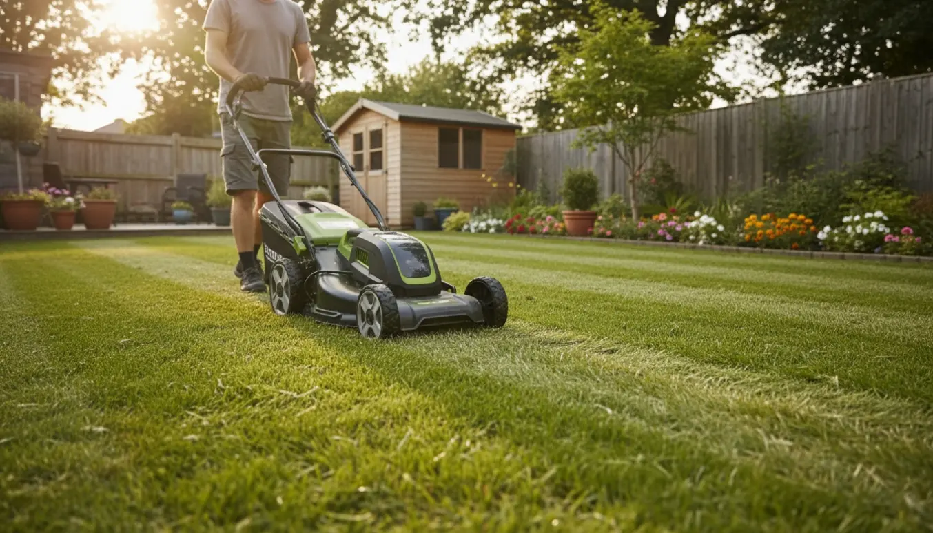 Person slår græsplæne med plæneklipper i en mellemstor have med tydelige striber af nyklippet græs.