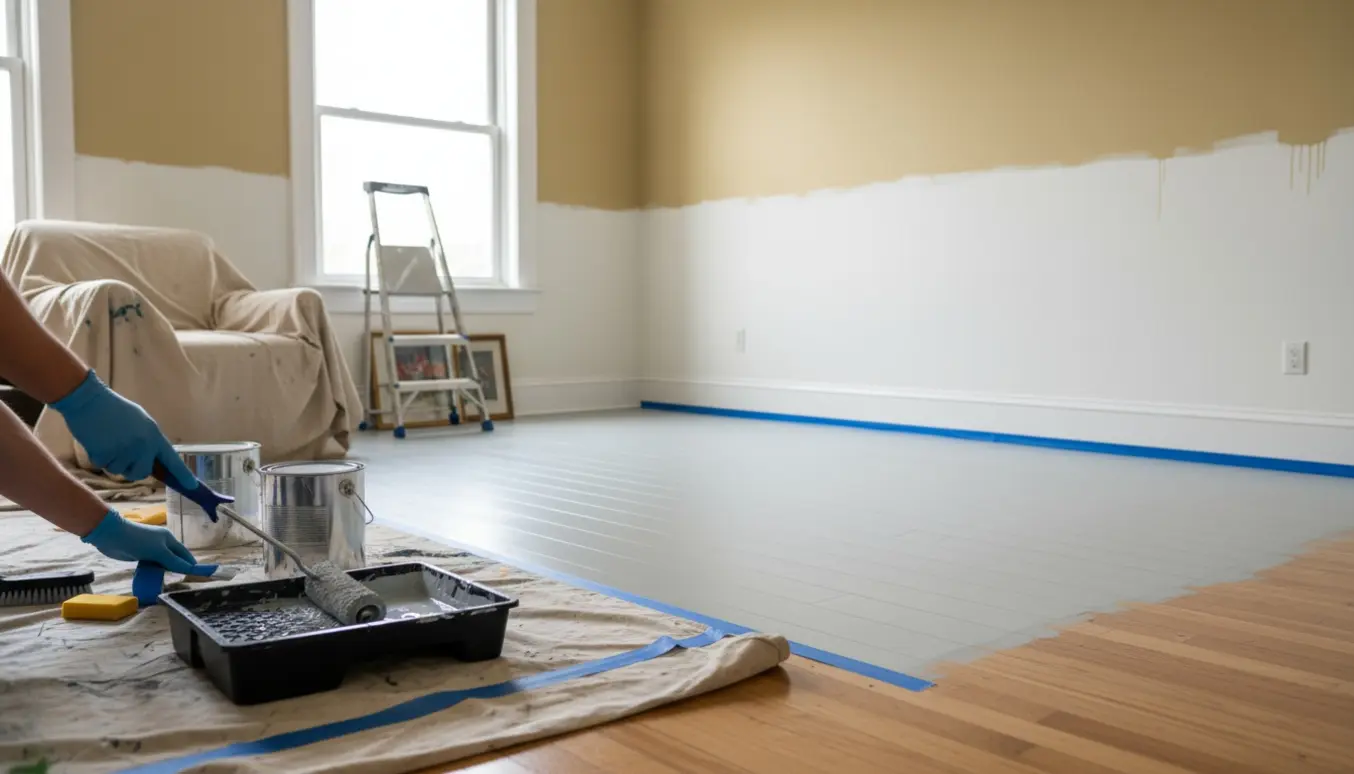 Rum under ommaling med malerrulle, åbne malerbøtter, afdækket gulv og nyligt malet væg i blødt dagslys.