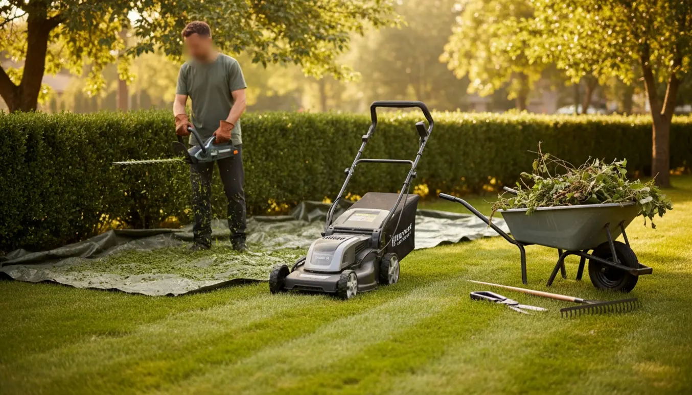 Hækklipning og nedskæring af vildskud med plæneklipper i baggrunden.