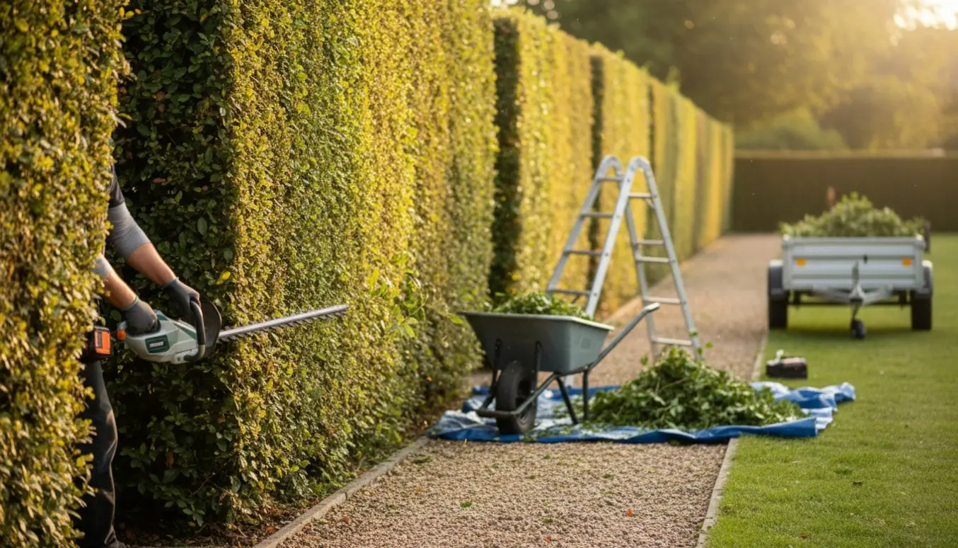 Lang hæk delvist nyklippet på en solskinsdag, med arbejdshænder og hækkeklipper samt bunker af afklip.