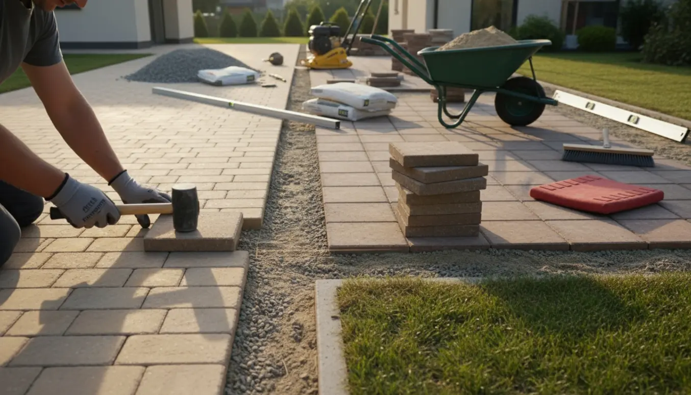 Arbejdsplads med håndværker uden synligt ansigt, rektangulære indkørselsten og kvadratiske terrassefliser lagt på afrettet sand med værktøj omkring.