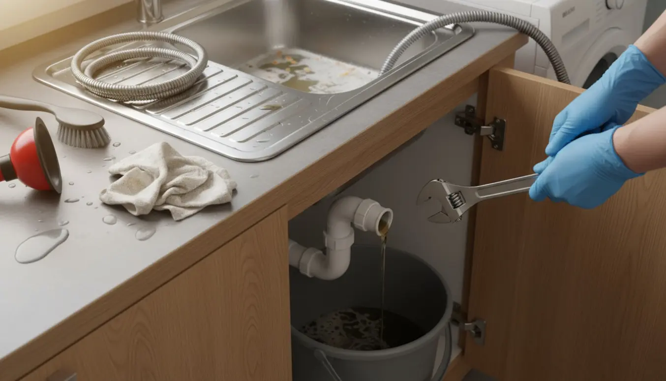 Hænder renser et delvist tilstoppet køkkenafløb med åben P-trap og en vaskemaskine i baggrunden.