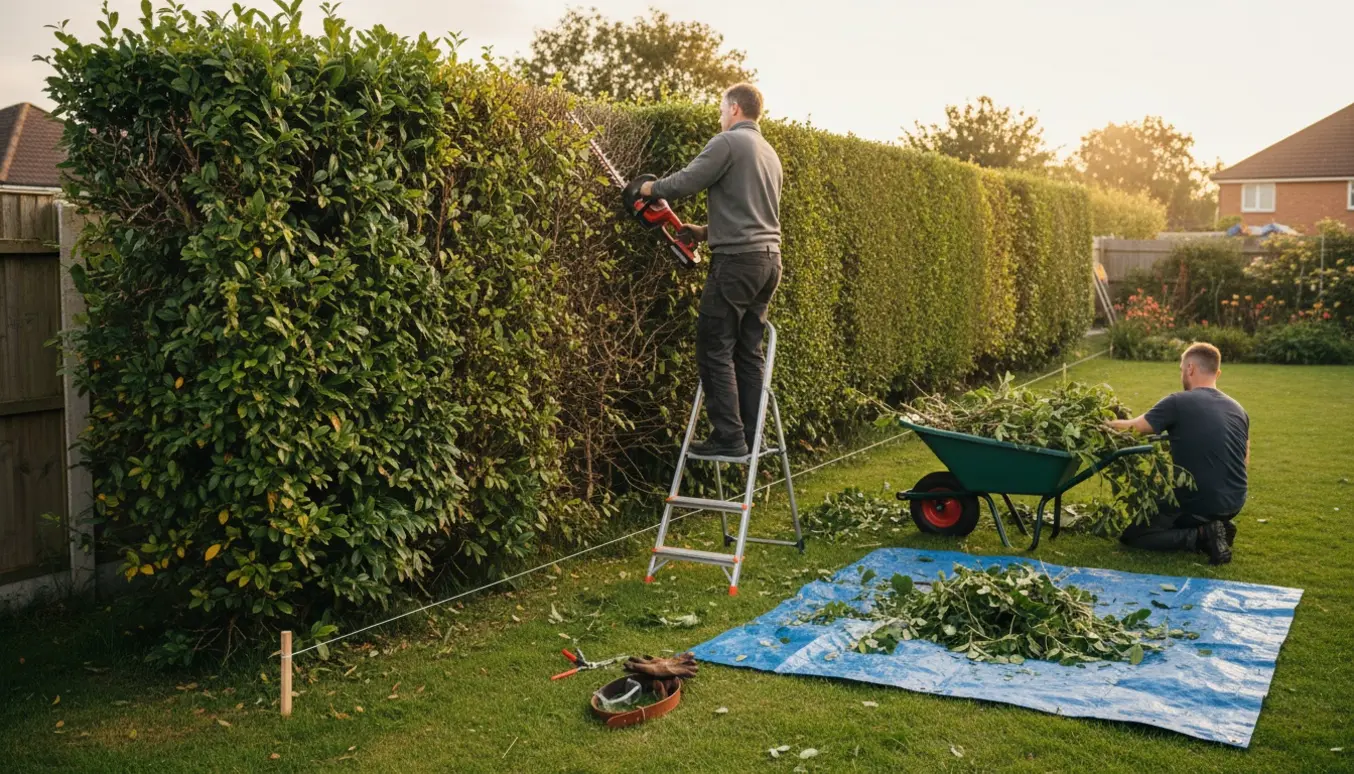 To personer trimmer en overgroet hæk i en villahave, den ene på en stige mens afklip samles i en trillebør.