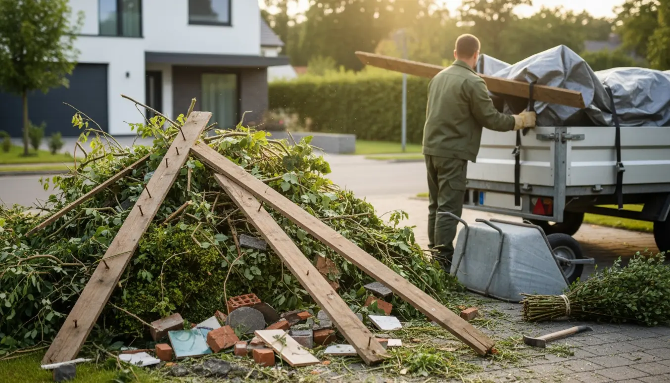 Træplanker med søm og en bunke have- og byggeaffald læsses i en åben varebil på en indkørsel.