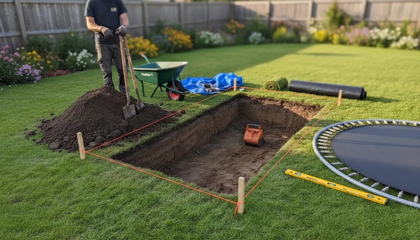 Delvist gravet hul til en nedgravet rektangulær trampolin med jordbunker, trillebør og værktøj i en baghave.