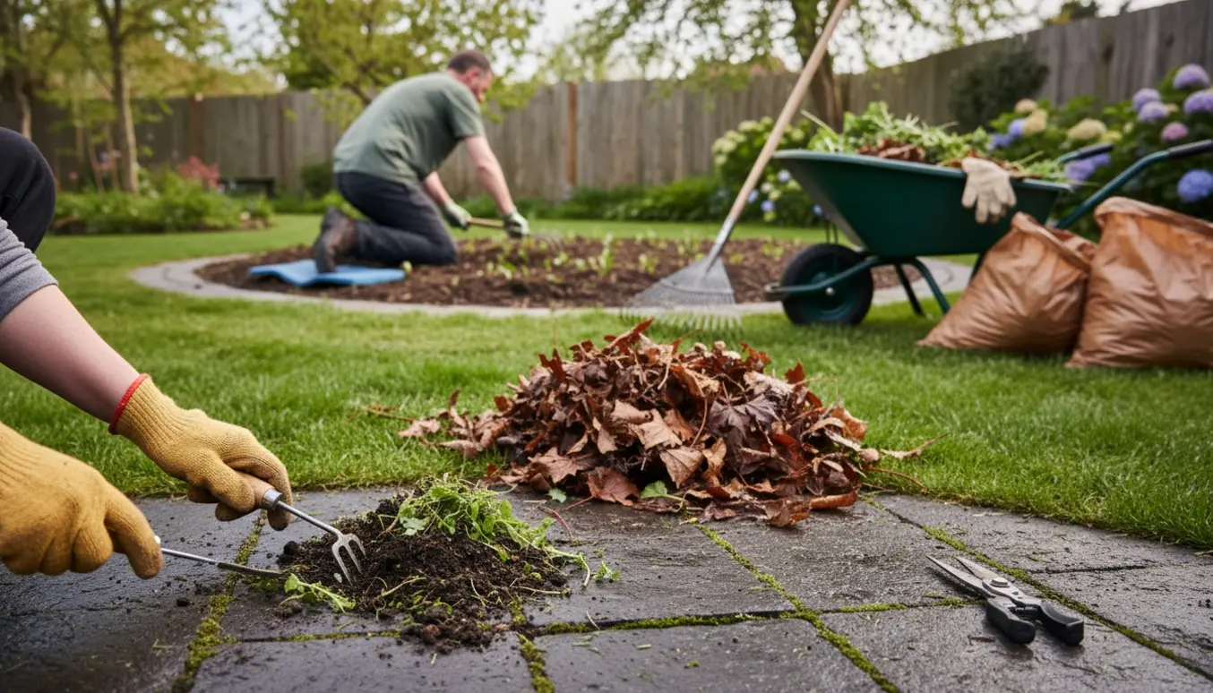 Hænder i havehandsker fjerner ukrudt mellem våde fliser med rive og skovl, med en delvis nyslået græsplæne og trillebør i baggrunden.